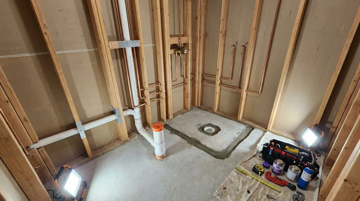 Bathroom rough-in plumbing during remodel by Johns Plumbing LLC in Simpsonville