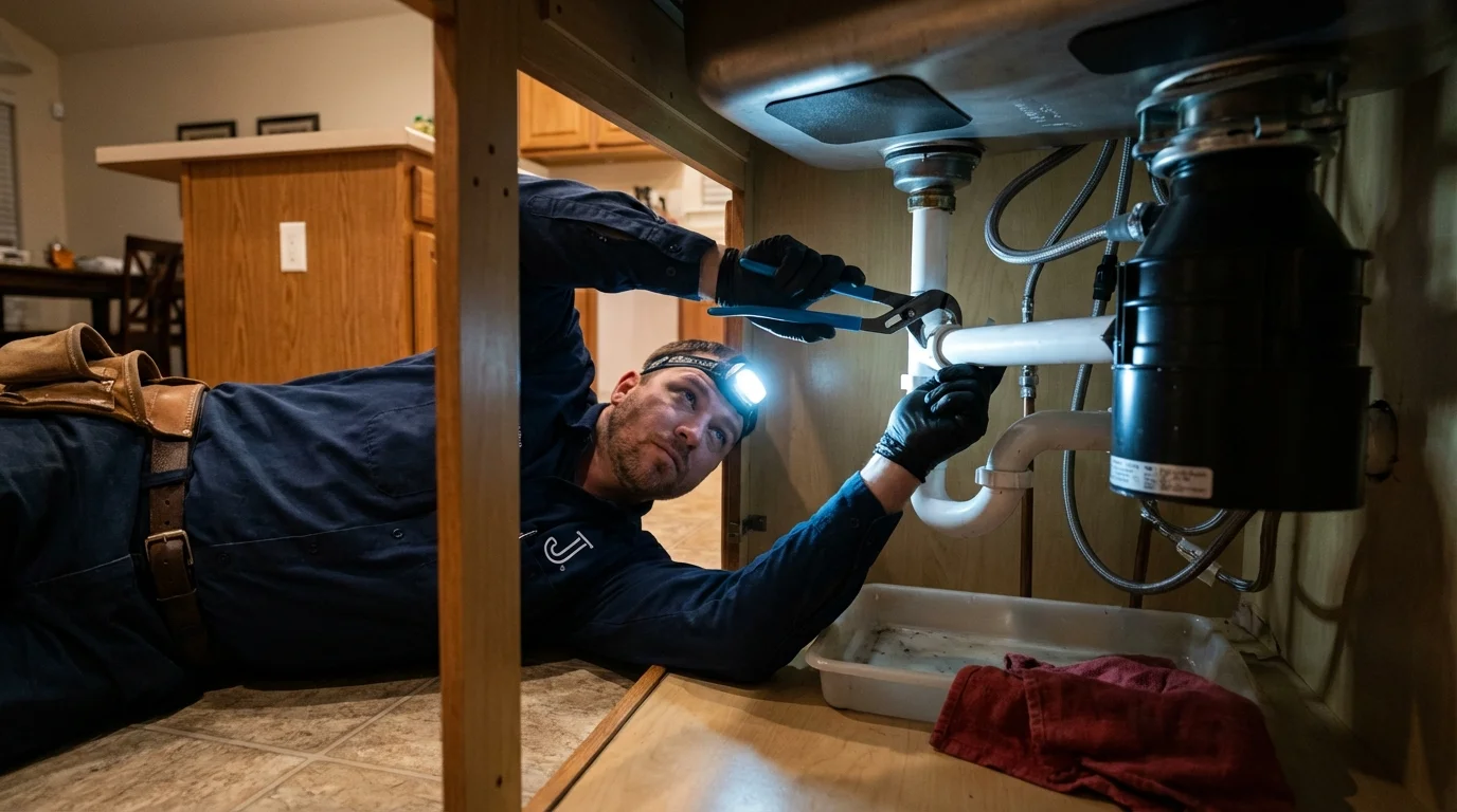 P-trap and supply line connections under a kitchen sink showing a common leak point in Simpsonville, SC